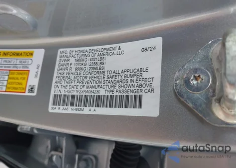 2024 Honda Accord Lx из США, поврежденный, VIN 1HGCY1F2XRA084230